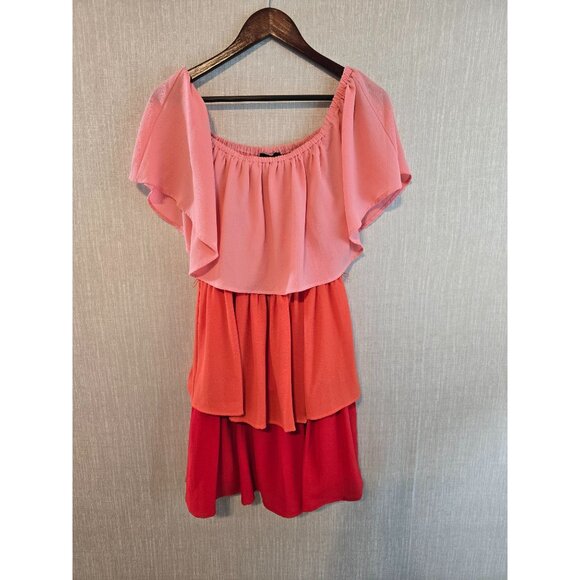 Vici Dresses & Skirts - Vici Tiered Off-Shoulder Colorblock Dress Size M Pink Orange Red Polyester Spand